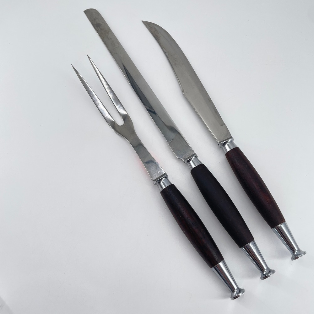 MCM 3pc Gensico Japan Carving Knife Fork Slicer Stainless Walnut Professional